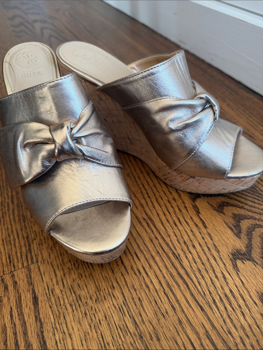 Guess Metallic Silver Knot Cork Wedge Slides